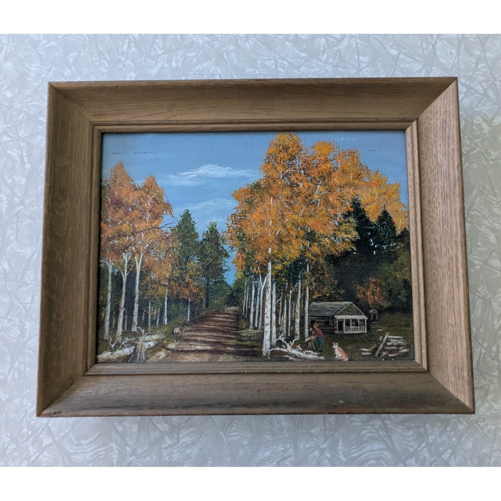 Hand Painted Vintage Log Cabin Forest Dirt Road Oil Painting Framed 14.5x11.5